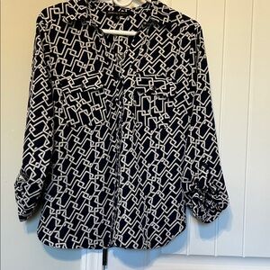 Adrienne Vittadini Navy and White Patterned Button Down Shirt